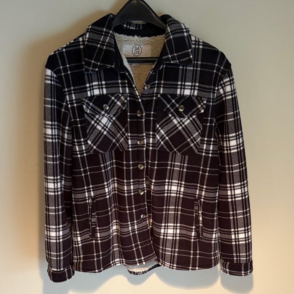 Sage Womens Long Sleeve Black & White Plaid Sherpa Lined Fleece Shirt Jacket